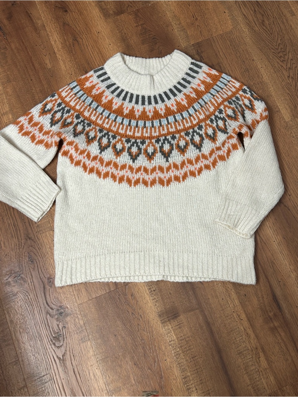 aerie Cream Fair Isle Crew Sweater with Orange & Gray Pattern